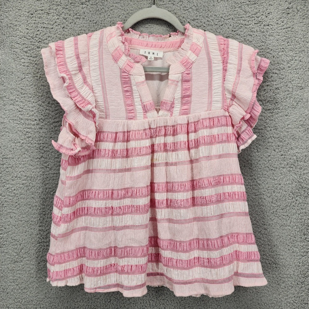 THML‎ Pink White Striped Ruffle Flutter Sleeve Blouse Top Small